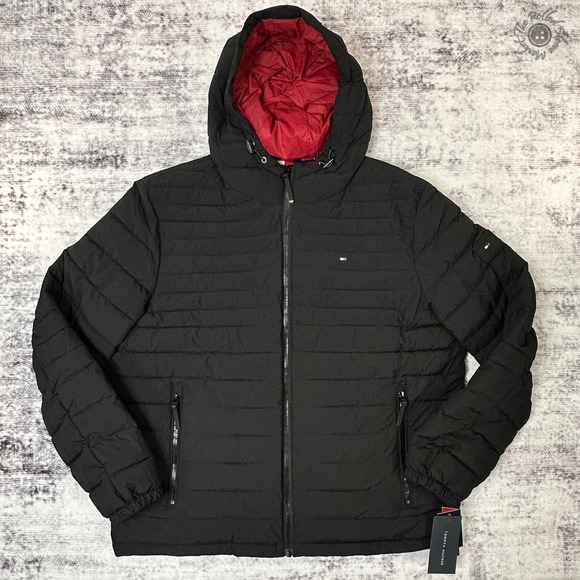 NWT Tommy Hilfiger THFlex Men's XL Puffer Jacket Coat Black Red Hooded Stretch